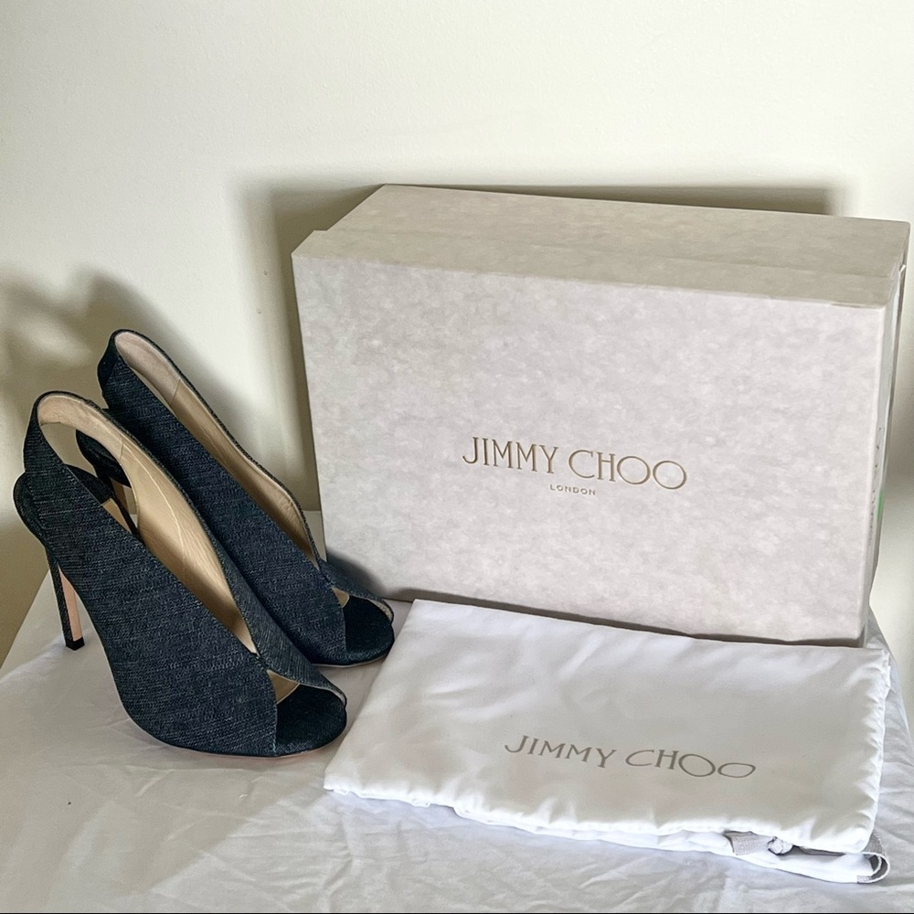 New W/ Box Jimmy Choo SHAR 100 Indigo Denim Women Heels Sandals Size 37(6.5M)